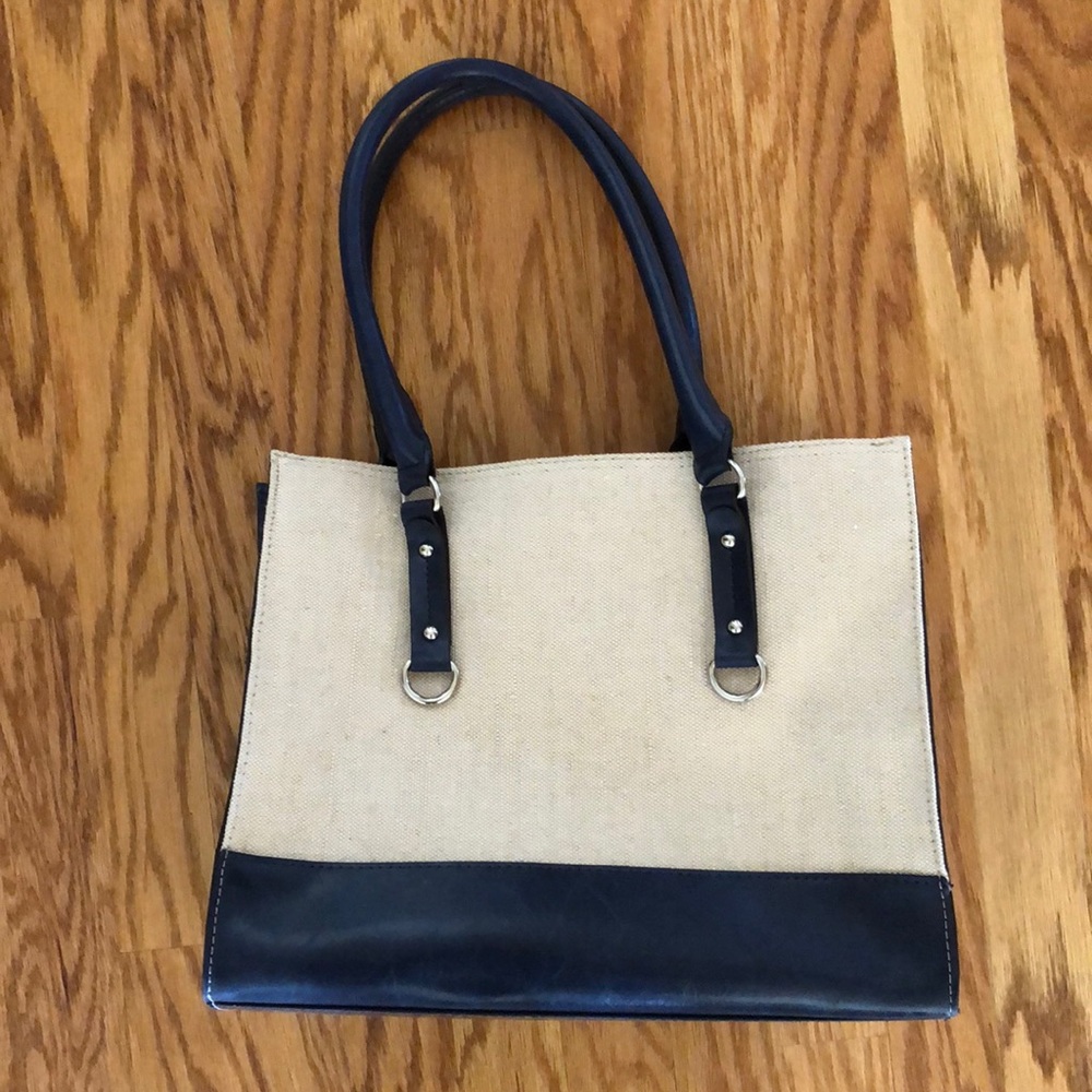 Navy and woven purse